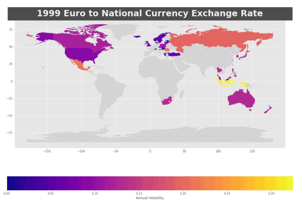 Animated world map showing annual Euro exchange rate volatility by country from 1999 to 2021